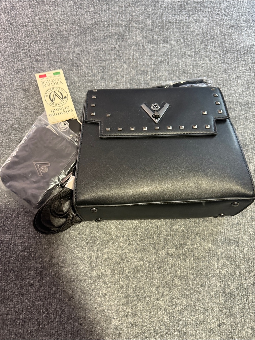 Valentino Orlandi Black Leather Messenger Bag with Stud Accents